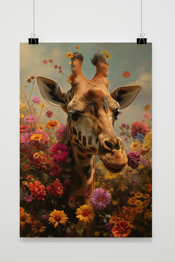 Giraffe in Bloemen poster
