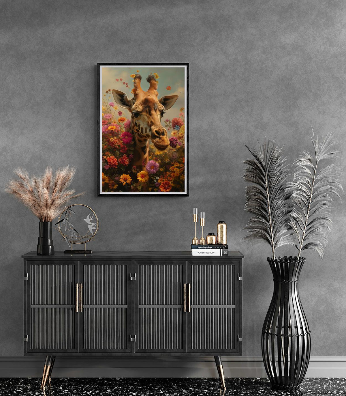 Girafe dans les Fleurs dans un intérieur