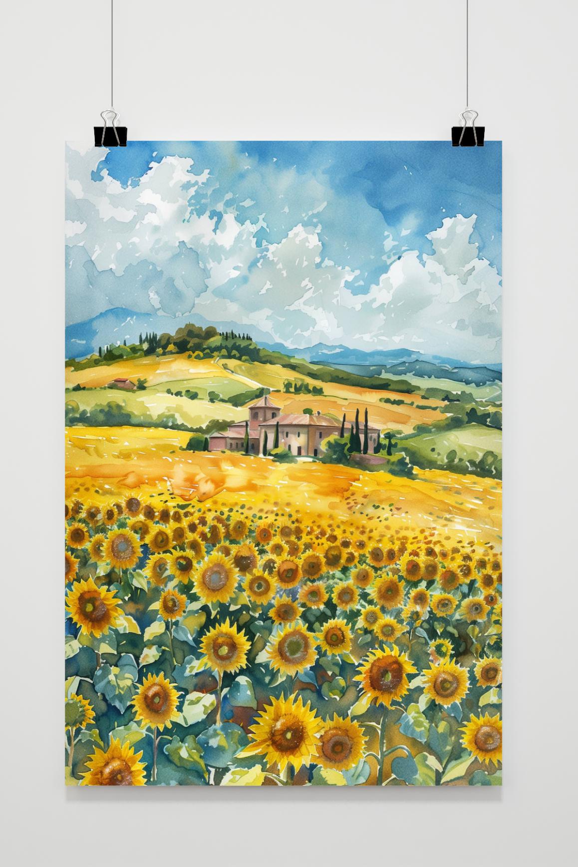 Affiche Champ de Tournesols Aquarelle de 25 Artstreet