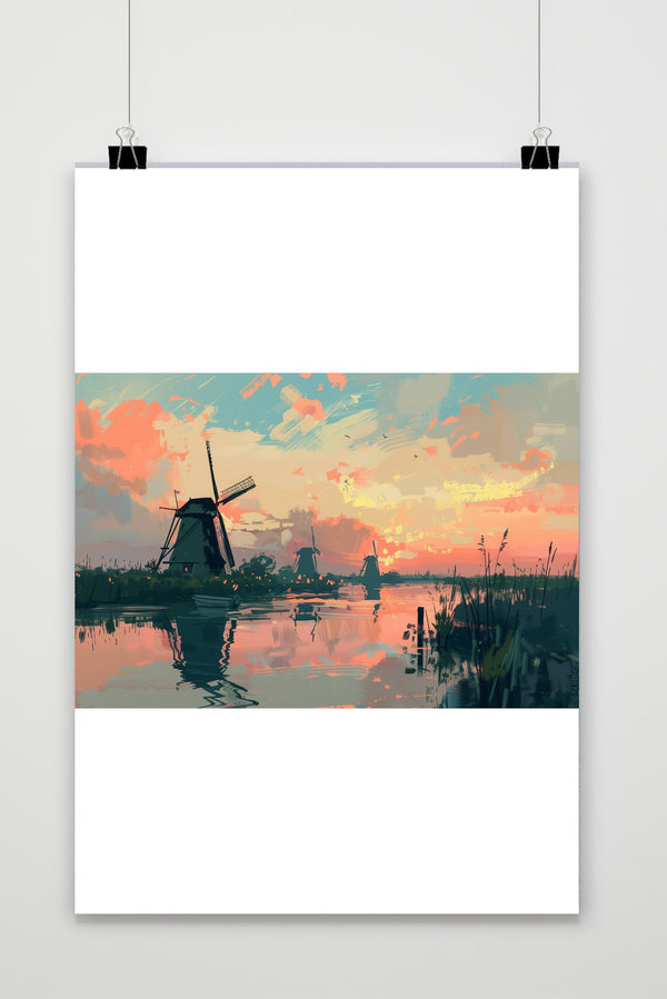 Affiche Moulins à Vent Aquarelle
