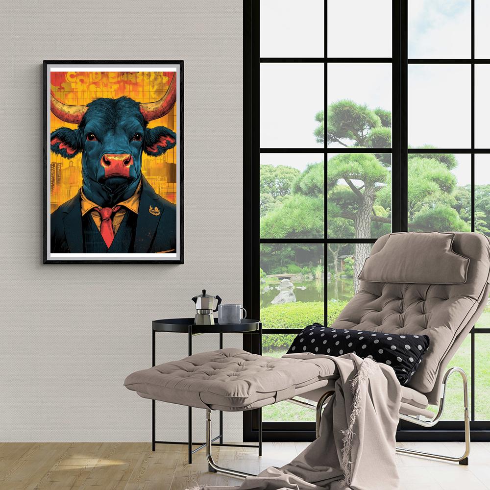 Taureau en Costume dans un intérieur