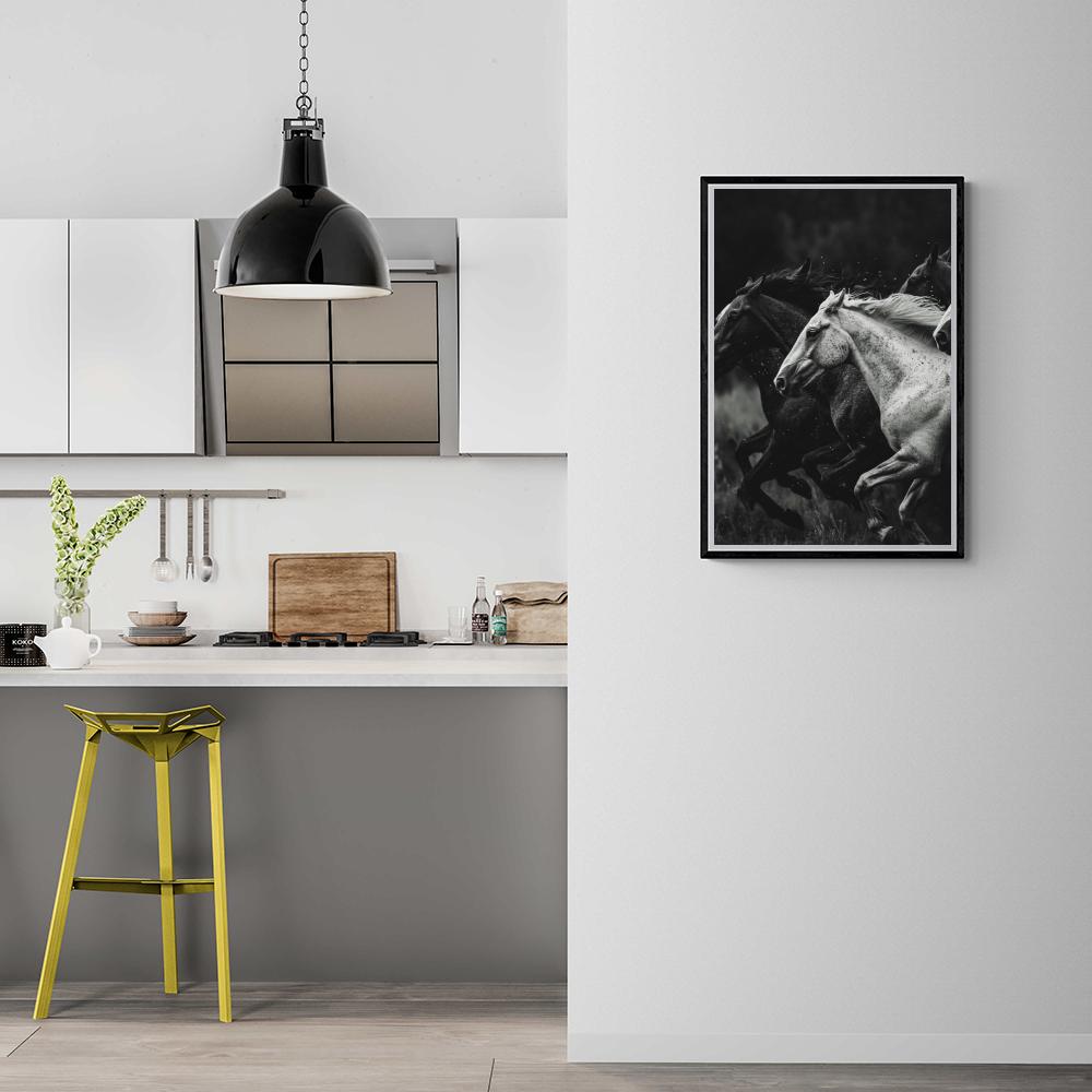 Chevaux Noir et Blanc dans un intérieur