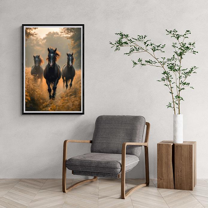Chevaux Noirs au Galop dans un intérieur