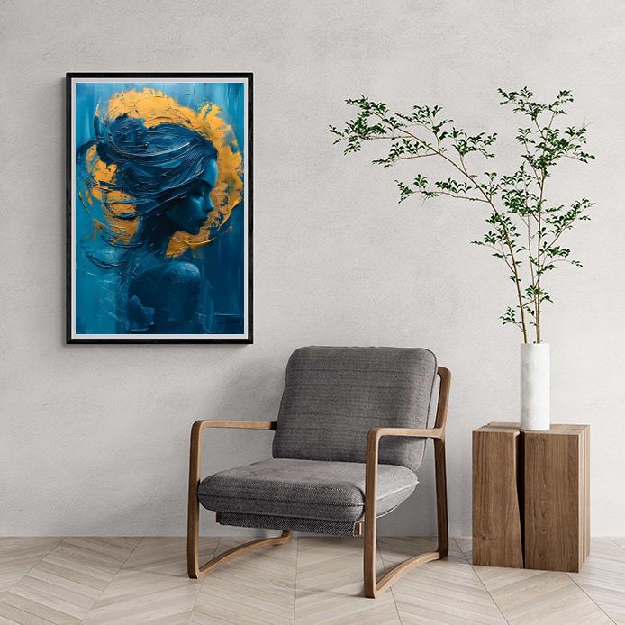 Femme Or et Bleu dans un intérieur
