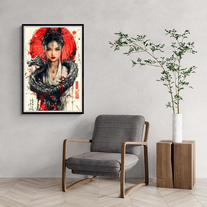 Fille et Dragon dans un intérieur