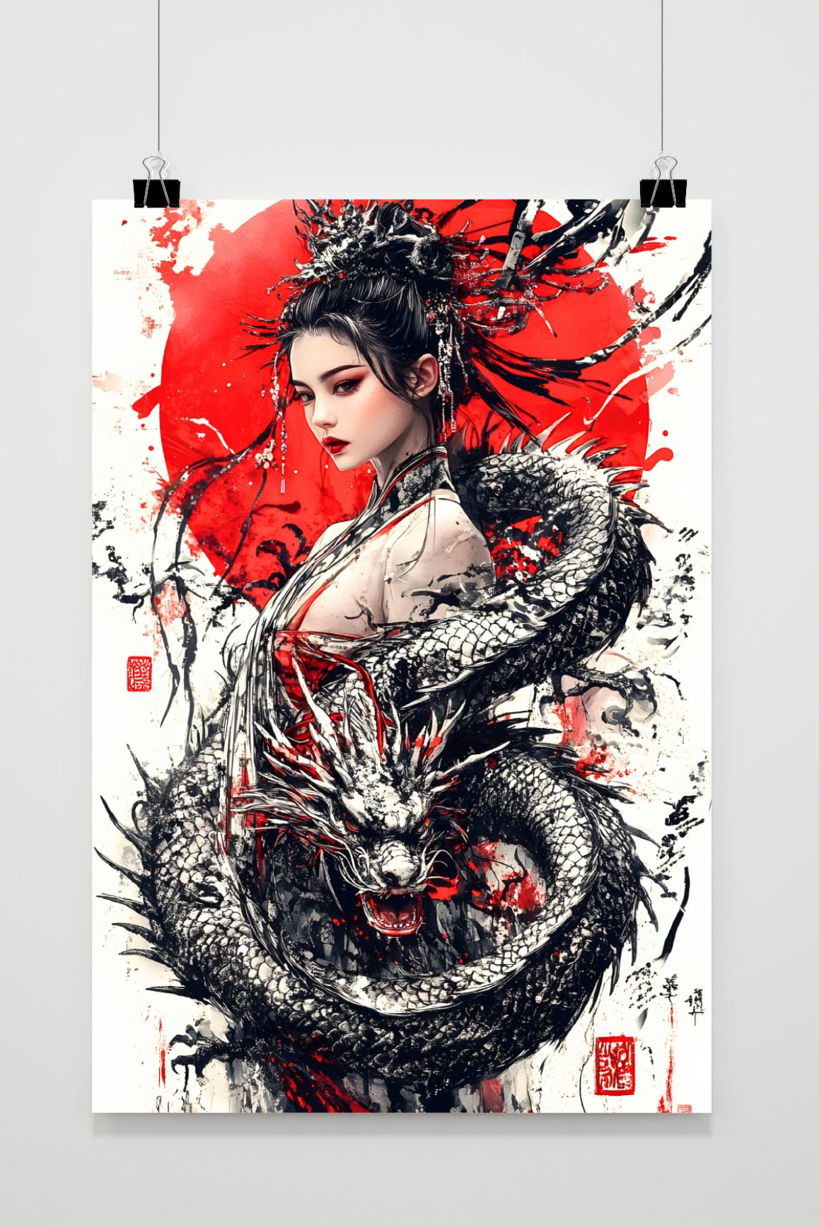 Affiche Fille Dragon Orientale de 25 Artstreet