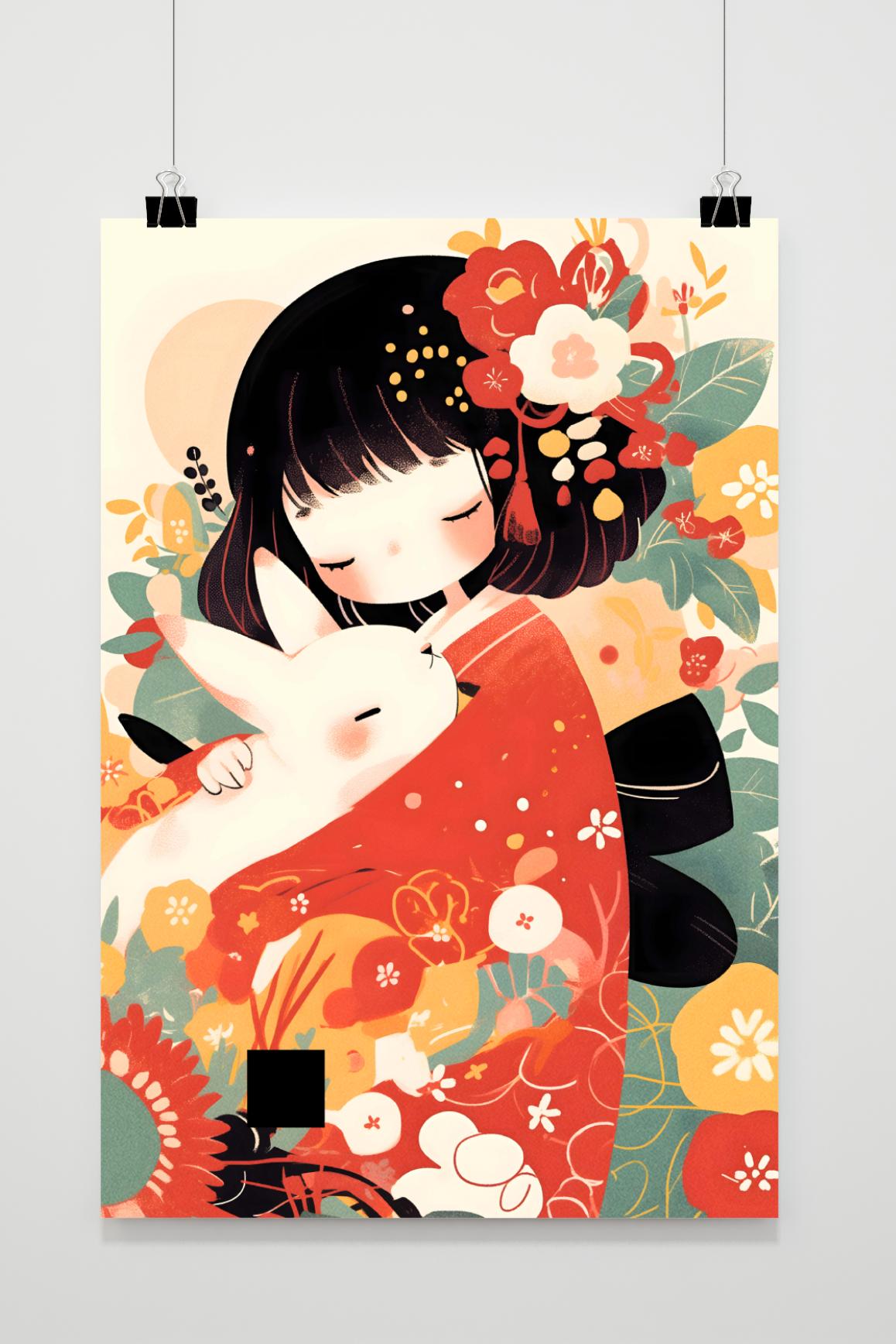 Affiche Jeune fille japonaise lapin de 25 Artstreet
