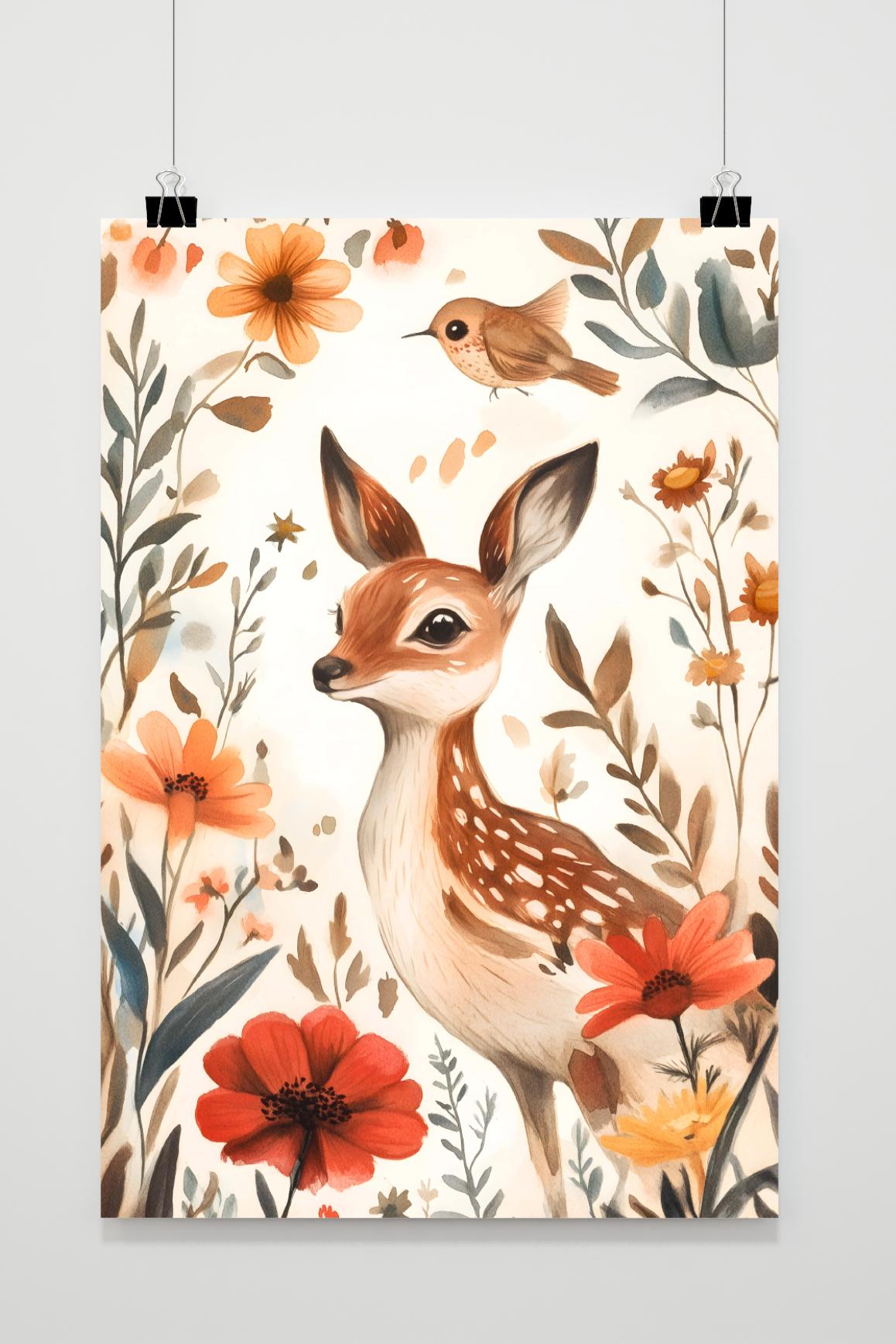 Affiche Cerf avec fleurs de 25 Artstreet