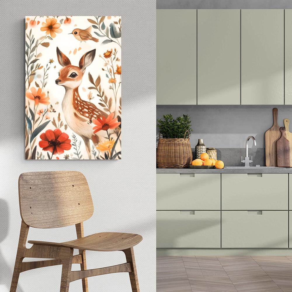 Cerf avec fleurs dans un intérieur
