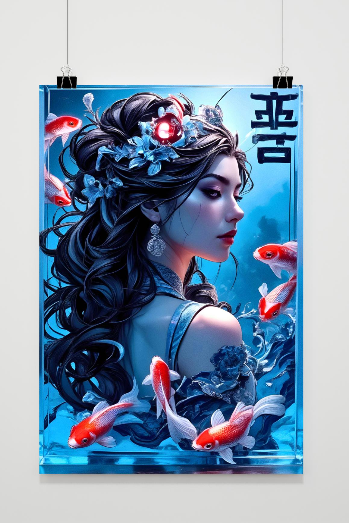 Affiche Fille Carpe Koï de 25 Artstreet