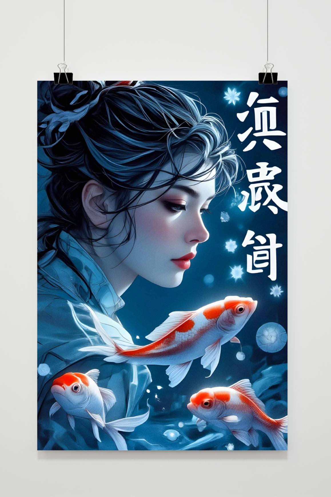 Affiche Fille Carpe Koï de 25 Artstreet