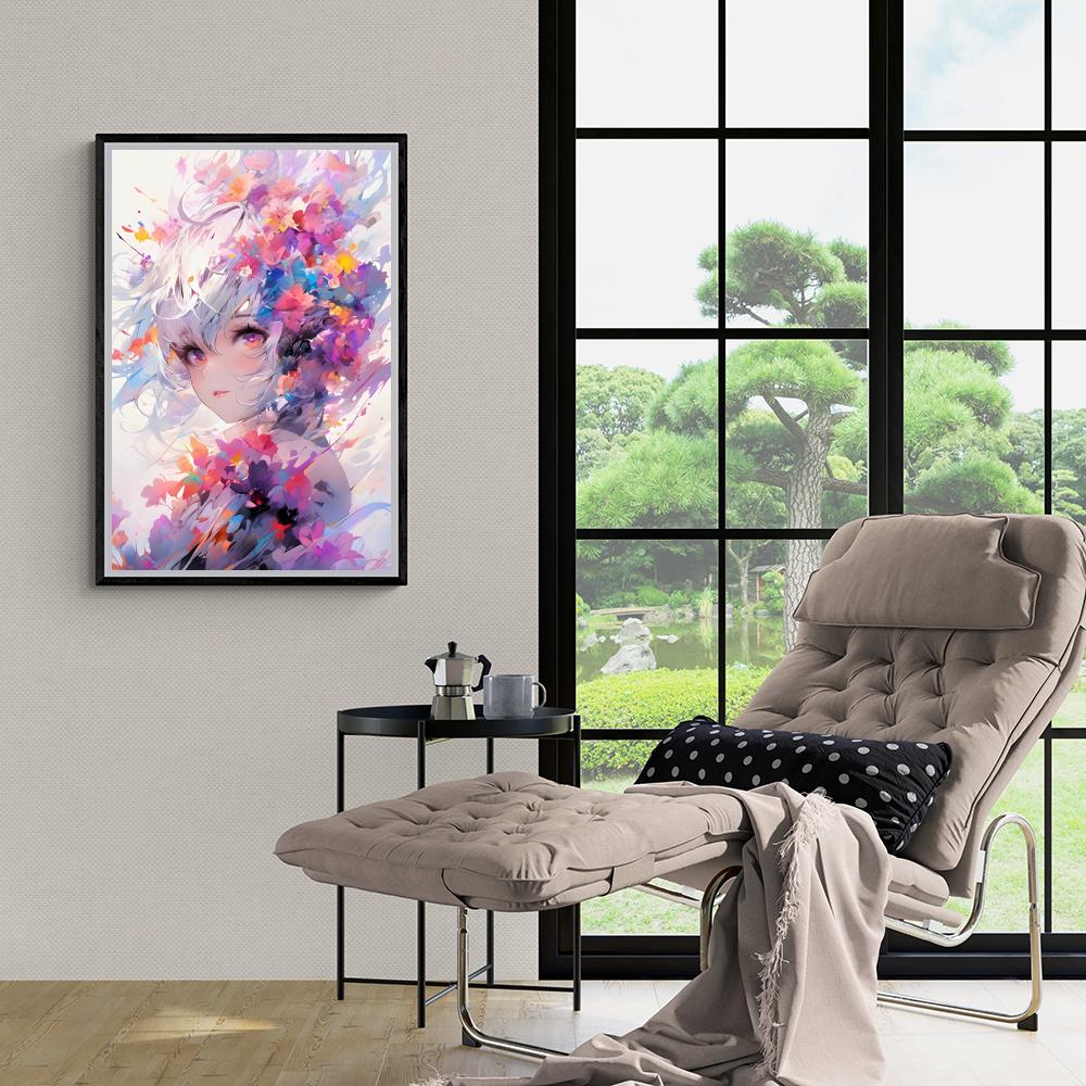Fille Anime aux Fleurs dans un intérieur