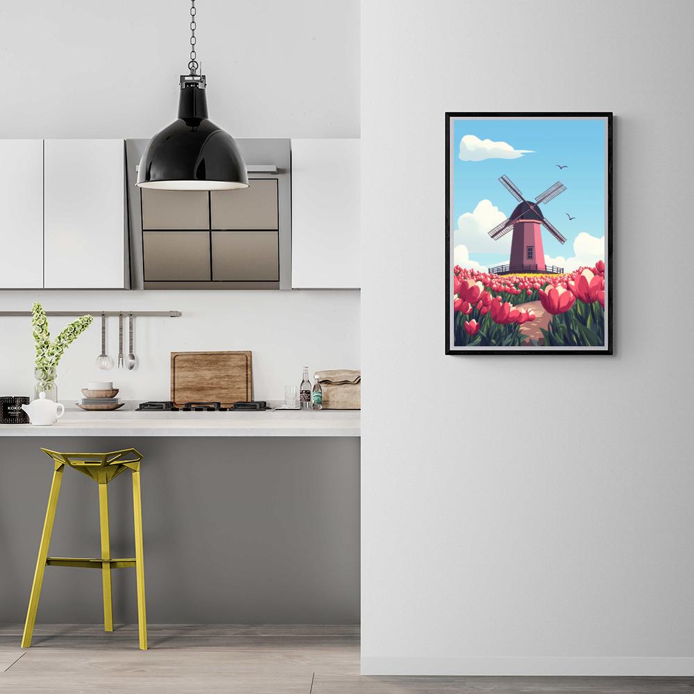 Tulipes et moulin dans un intérieur