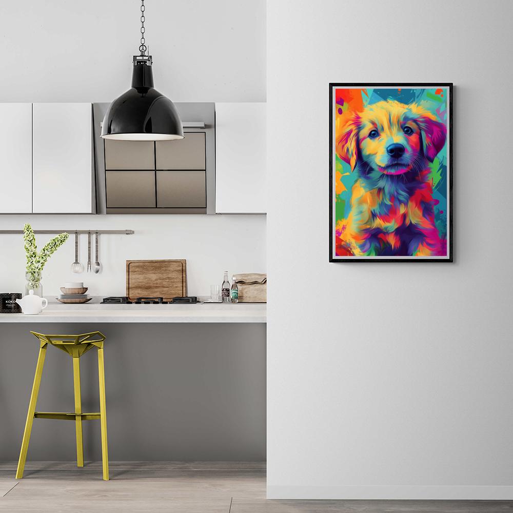 Chiot Pop Art dans un intérieur