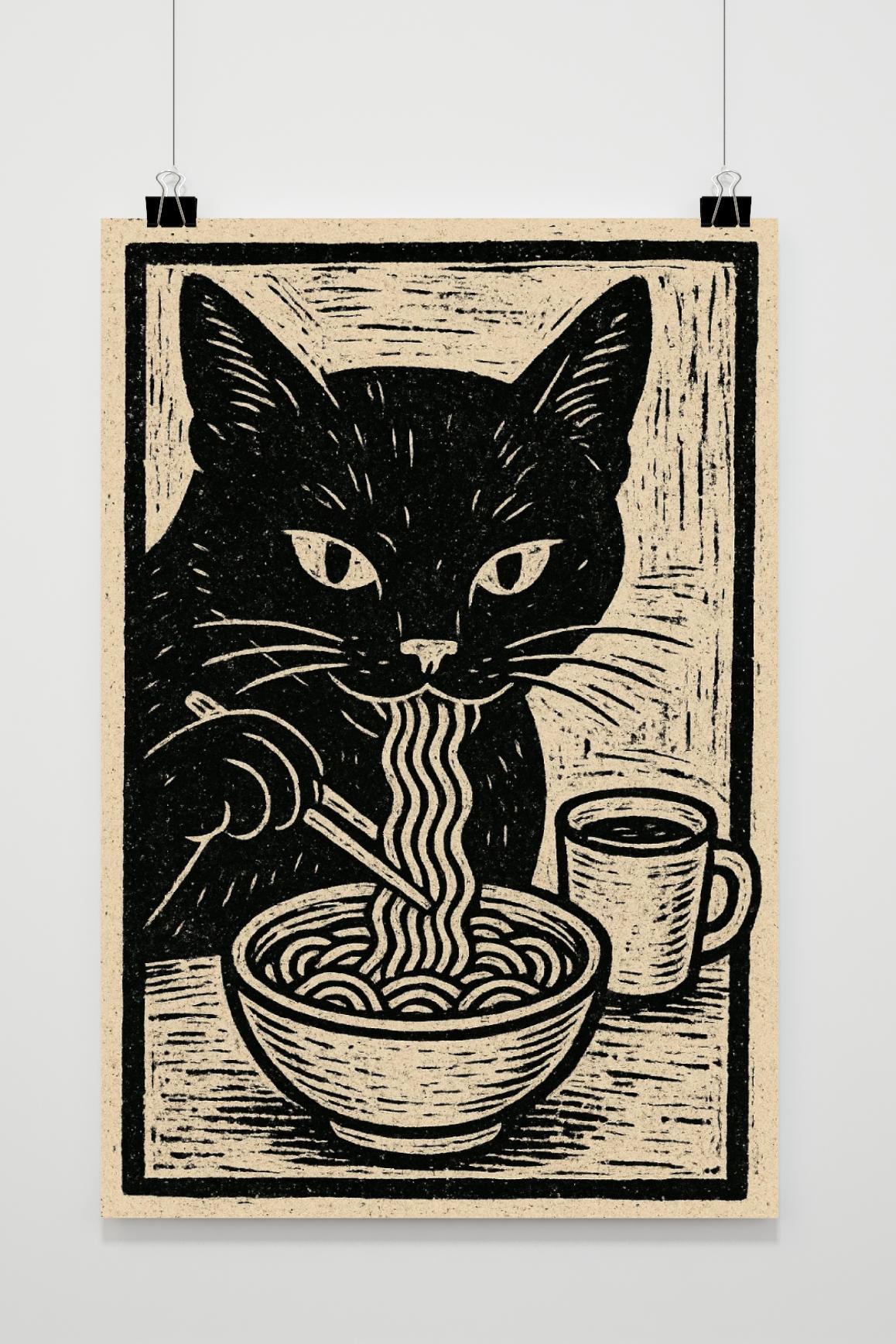 Póster Cat Ramen Zwart-Wit de 25 Artstreet