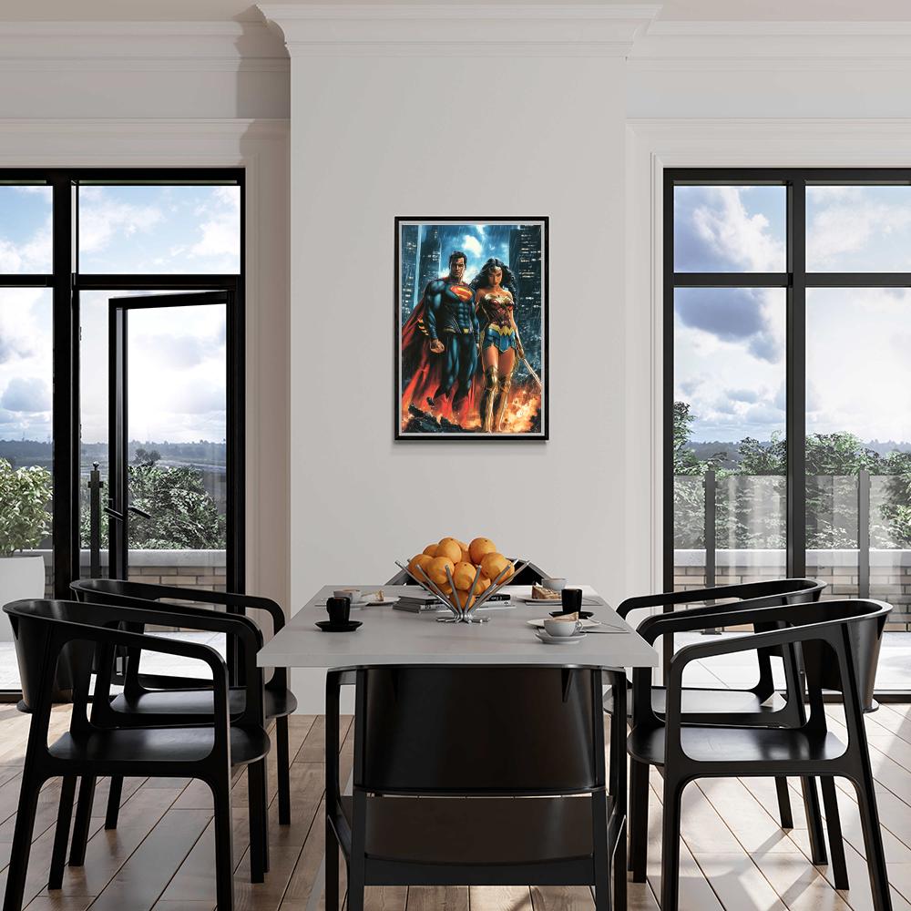 Superman et Wonder Woman dans un intérieur