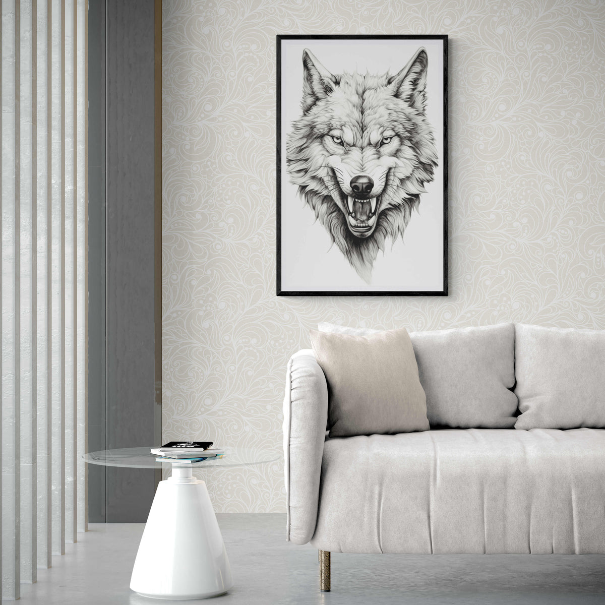 Boze Grijze Wolf en un interior