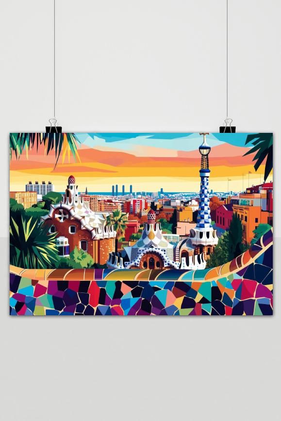Póster Barcelona Park Güell Pop