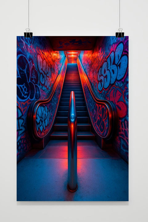 Escalator Subway Graffiti Neon poster