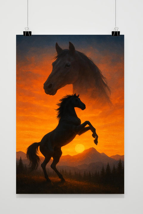 Póster Horse Silhouette Sunset Freedom Mountain