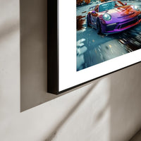 Porsche poster aan de muur in interieur