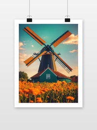 Windmill Flowers Sunset Netherlands poster met witte rand