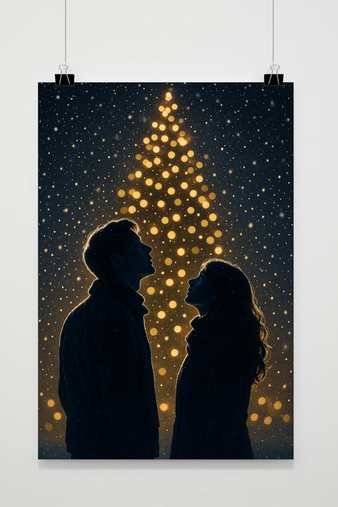 Christmas Tree Light Couple Snow Poster