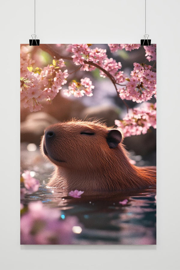 Capybara Cherry Blossoms Relaxing Hot Spring poster
