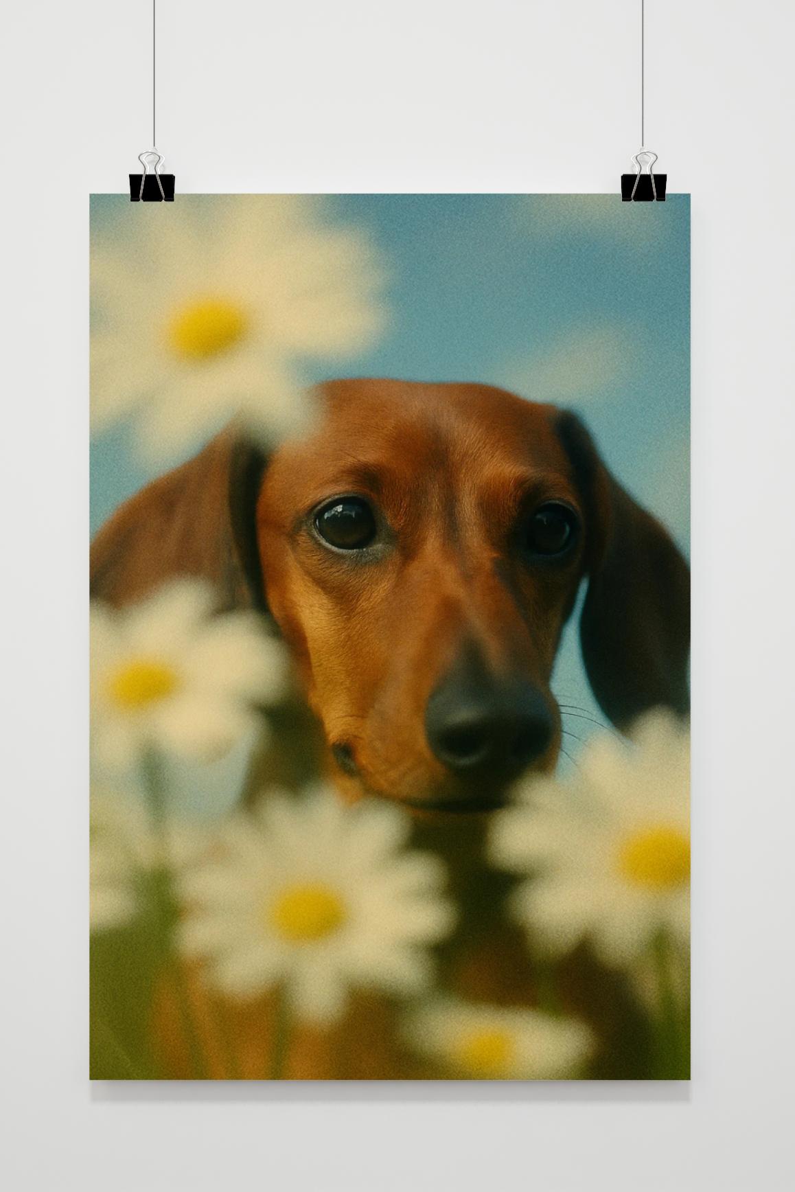 Dachshund Dog Daisy Flower in interieur