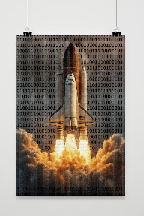 Affiche Space Shuttle Launch Binary Code Rocket Smoke