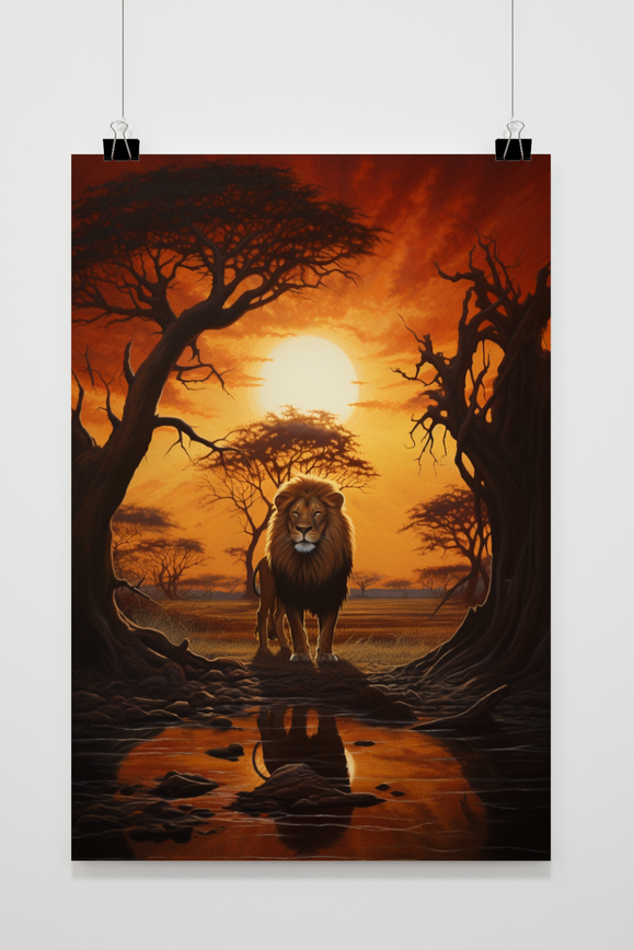 Affiche Lion au Coucher de Soleil