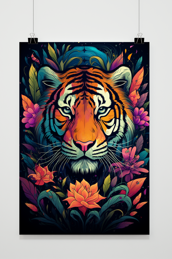 Affiche Tigre Fleuri Cartoon