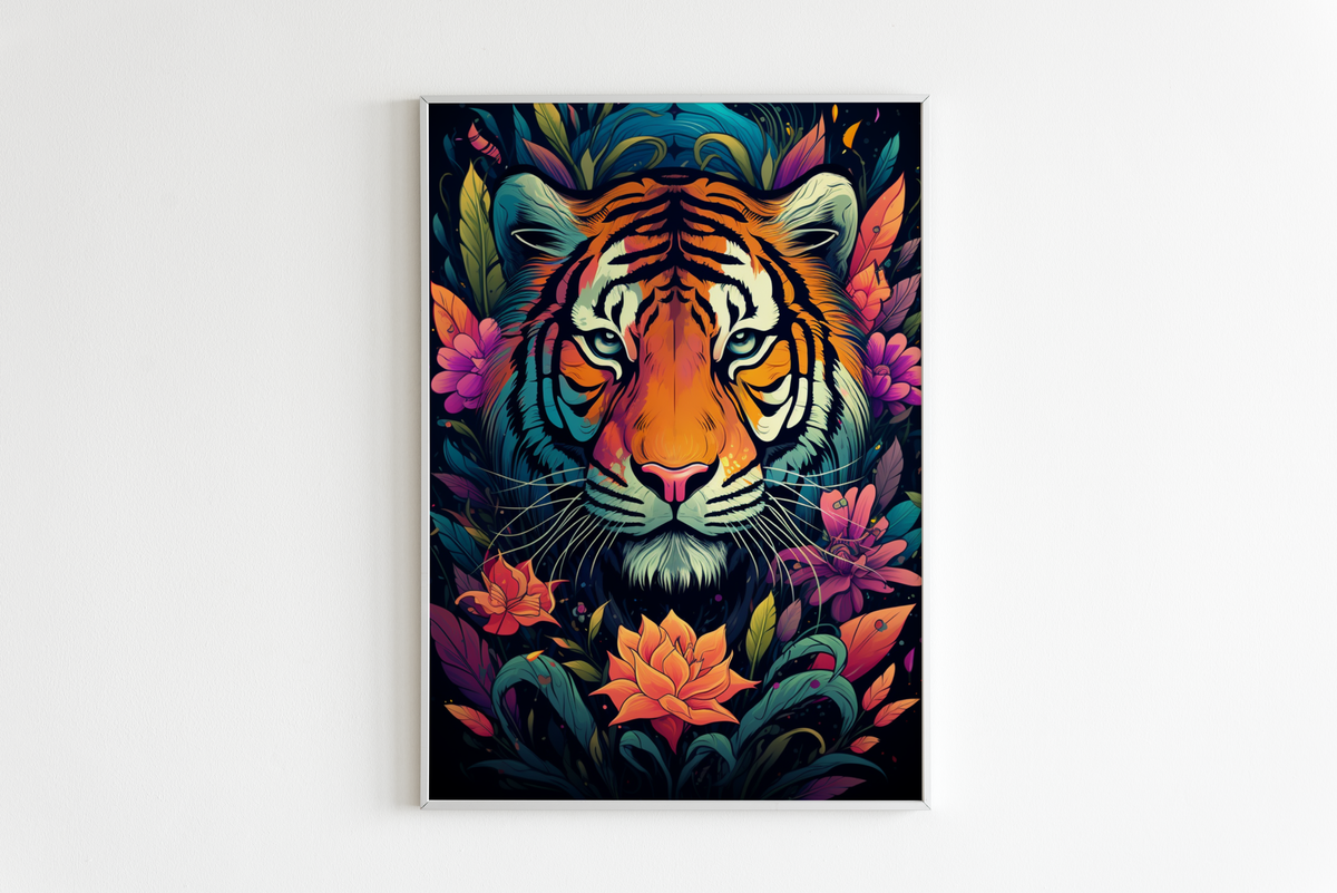 Tigre con Flores Cartoon en un interior