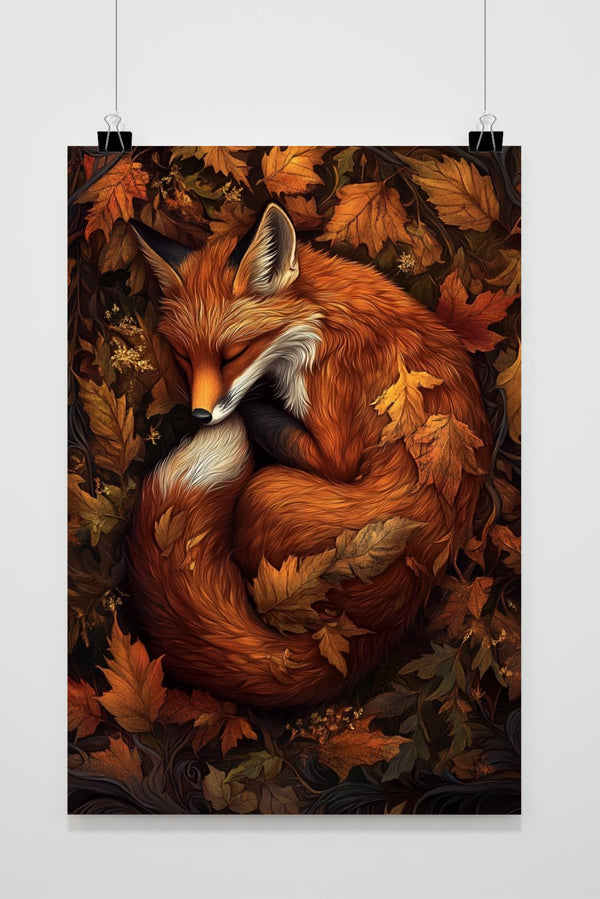 Fox Autumn Leaves Sleeping poster