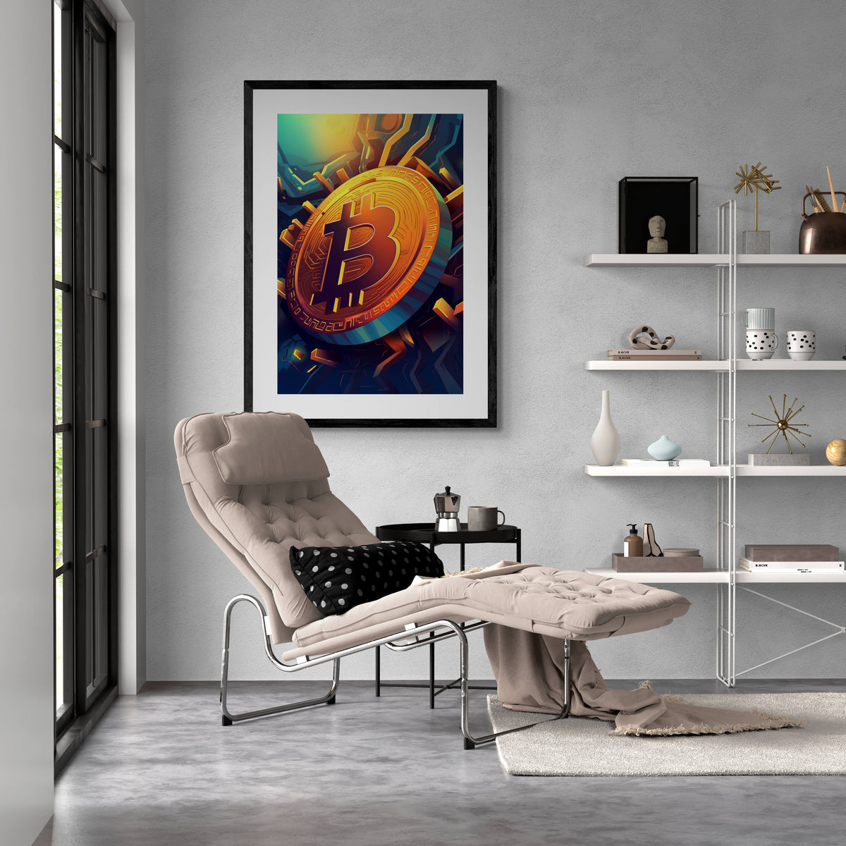 Póster Bitcoin en un interior