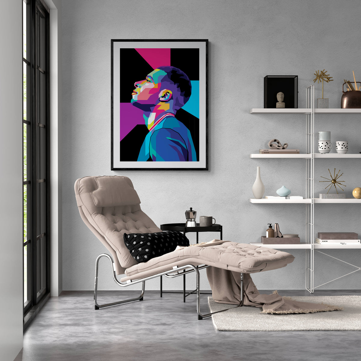 Kylian Mbappe Pop Art en un interior