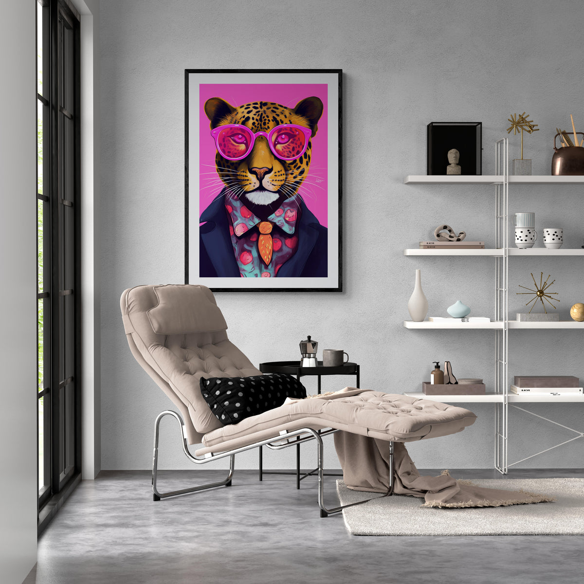 Jaguar con Gafas Rosa en un interior