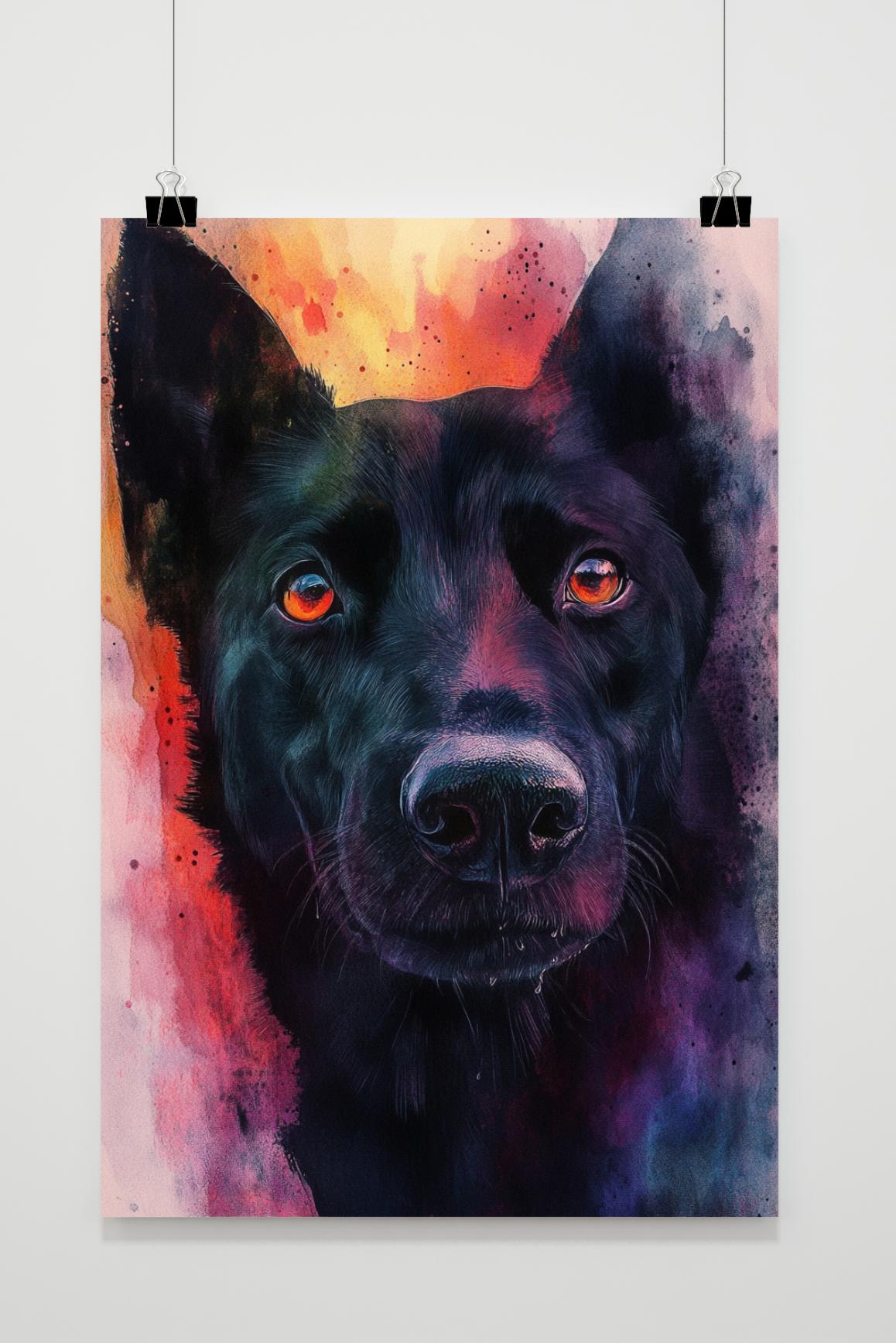 Black German Shepherd Aquarel im Interieur