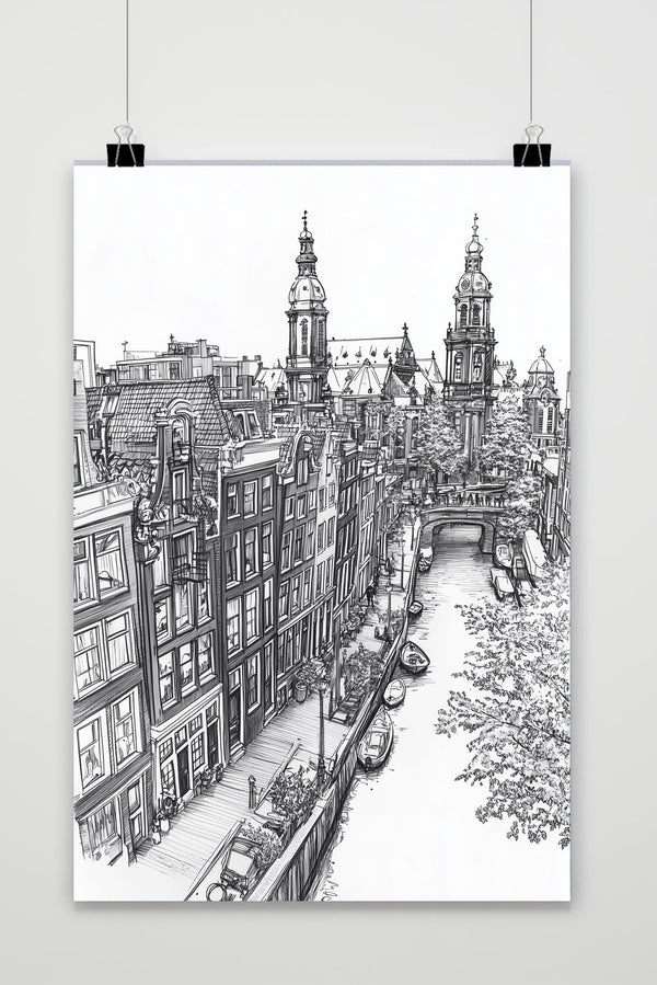 Póster Amsterdam Canal Zwart-Wit