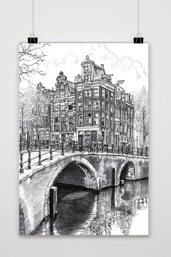 Póster Amsterdam Canal Bridge Zwart-Wit