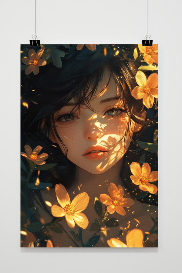 Girl Flowers Anime Digital poster