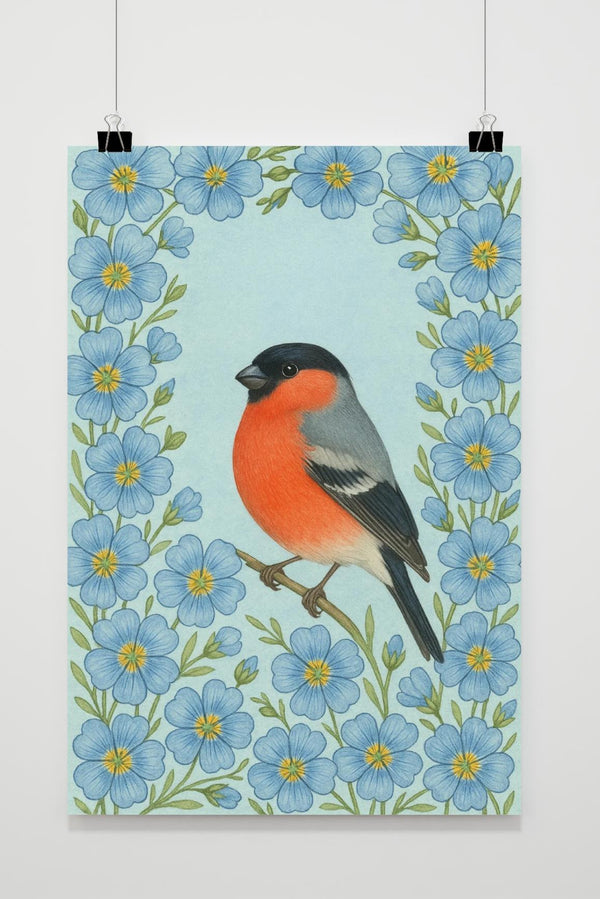 Bullfinch Bird Flowers Poster