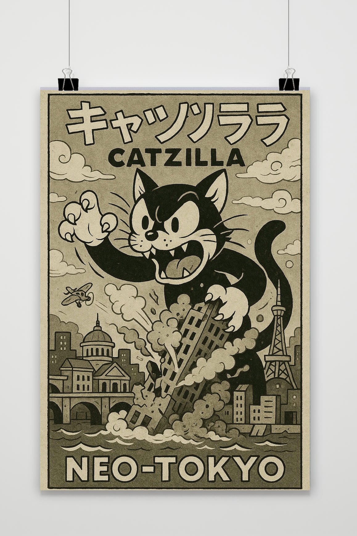 Affiche Catzilla Zwart-Wit de 25 Artstreet