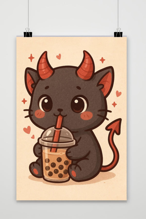 Devil Cat Bubble Tea Cartoon poster