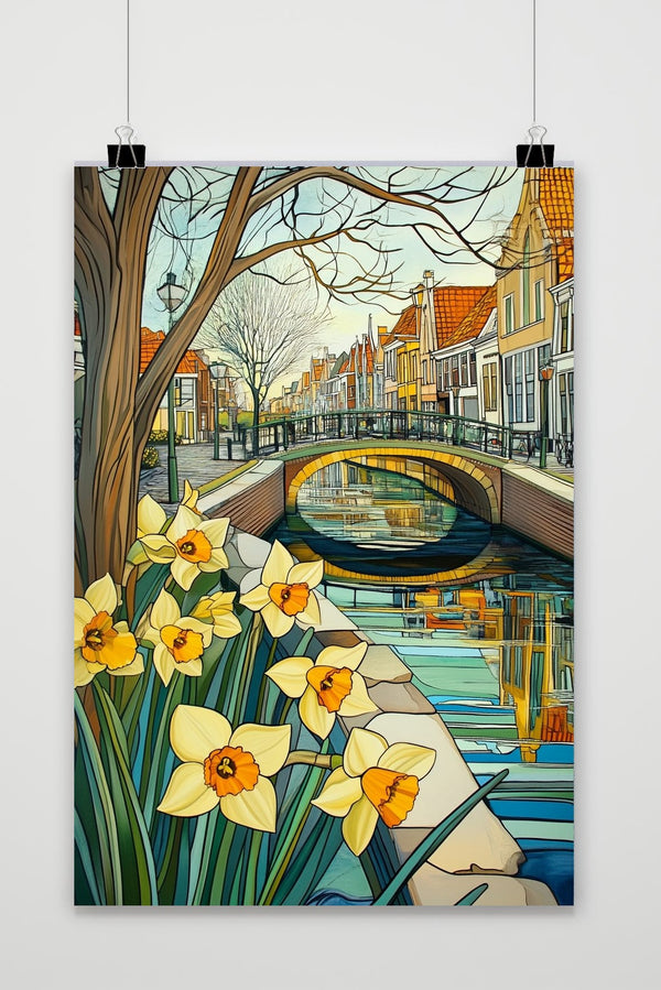 Póster Dutch Canal Daffodils Amsterdam