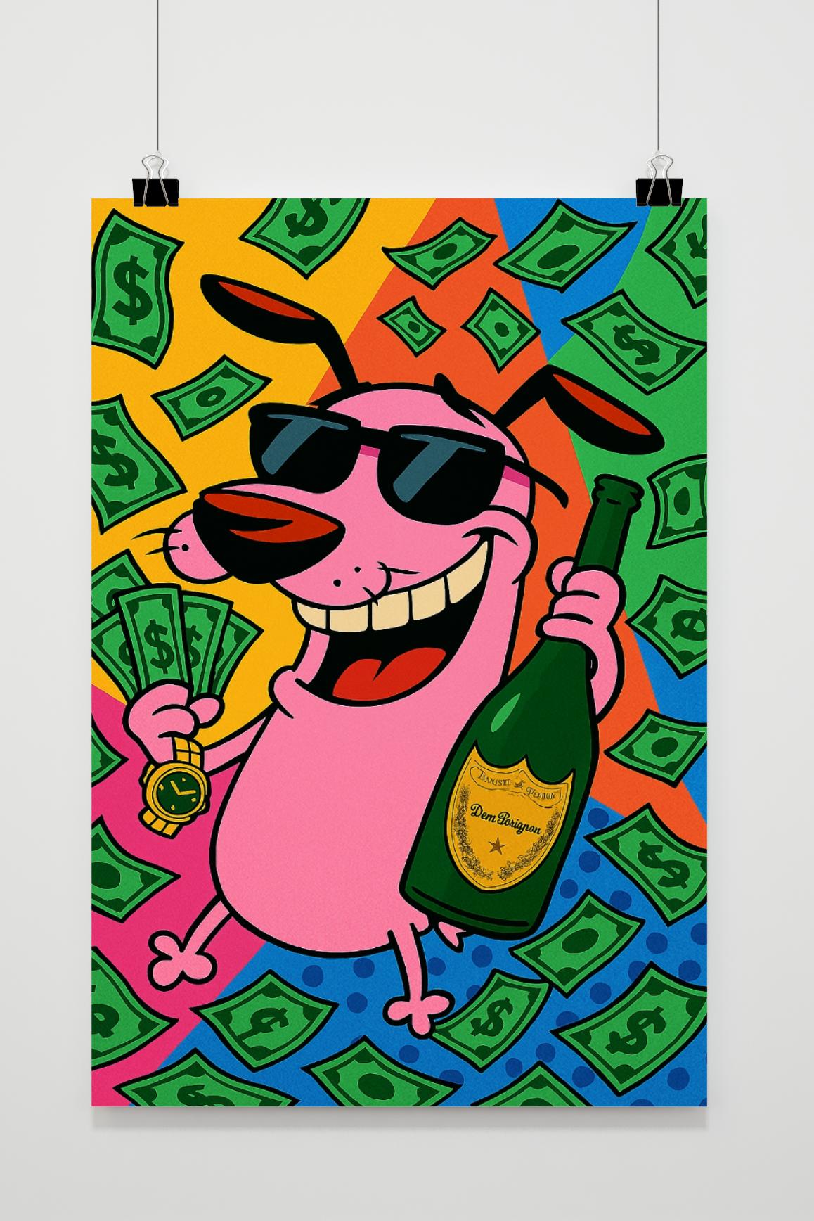 Courage Dog Money Champagne im Interieur