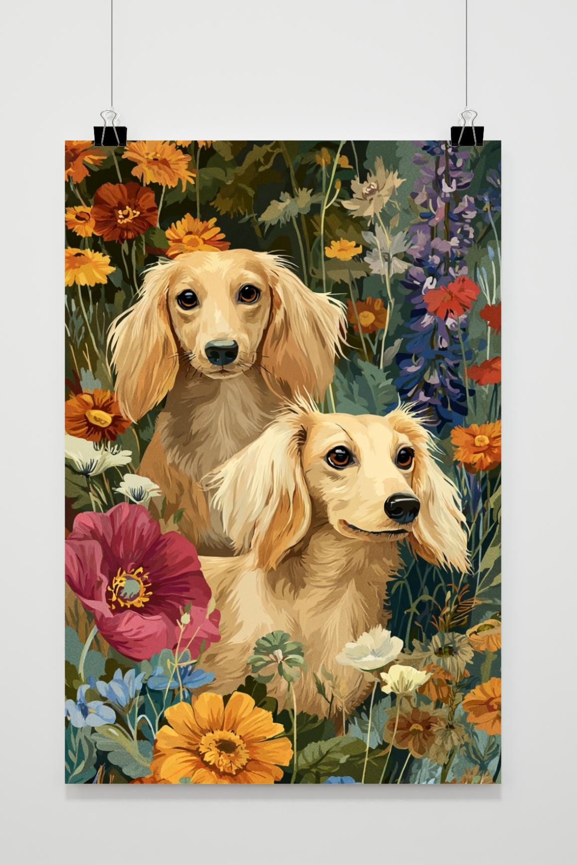Dachshund Dogs Flowers in interieur