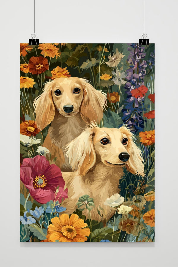 Póster Dachshund Dogs Flowers