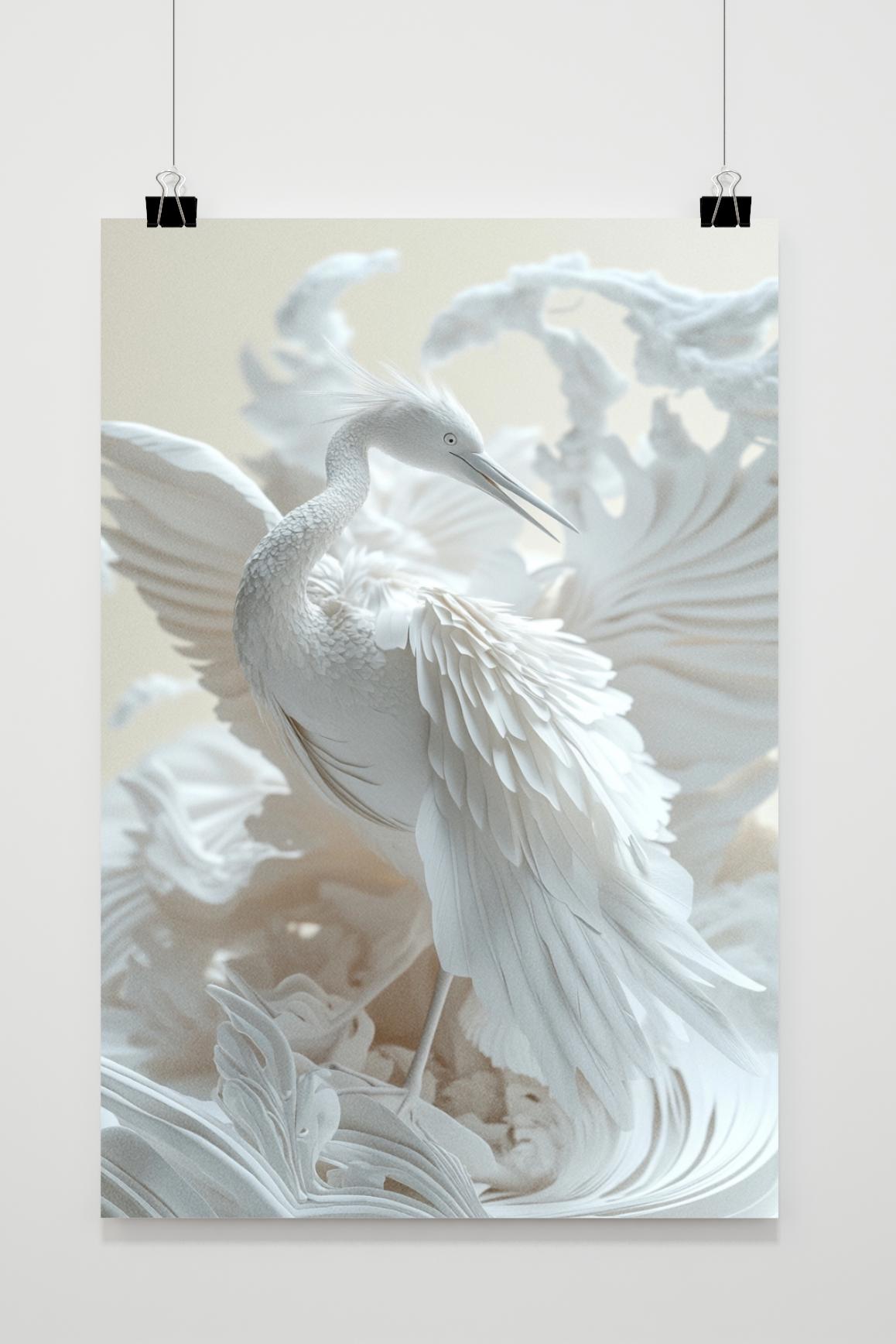 White Egret Bird Paper Sculpture in an interior