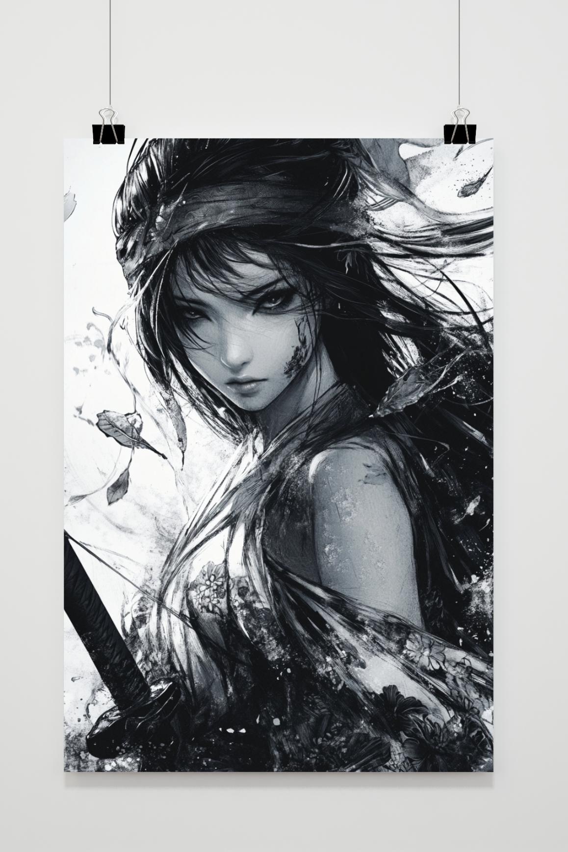 Woman Samurai Zwart-Wit Warrior poster van 25 Artstreet